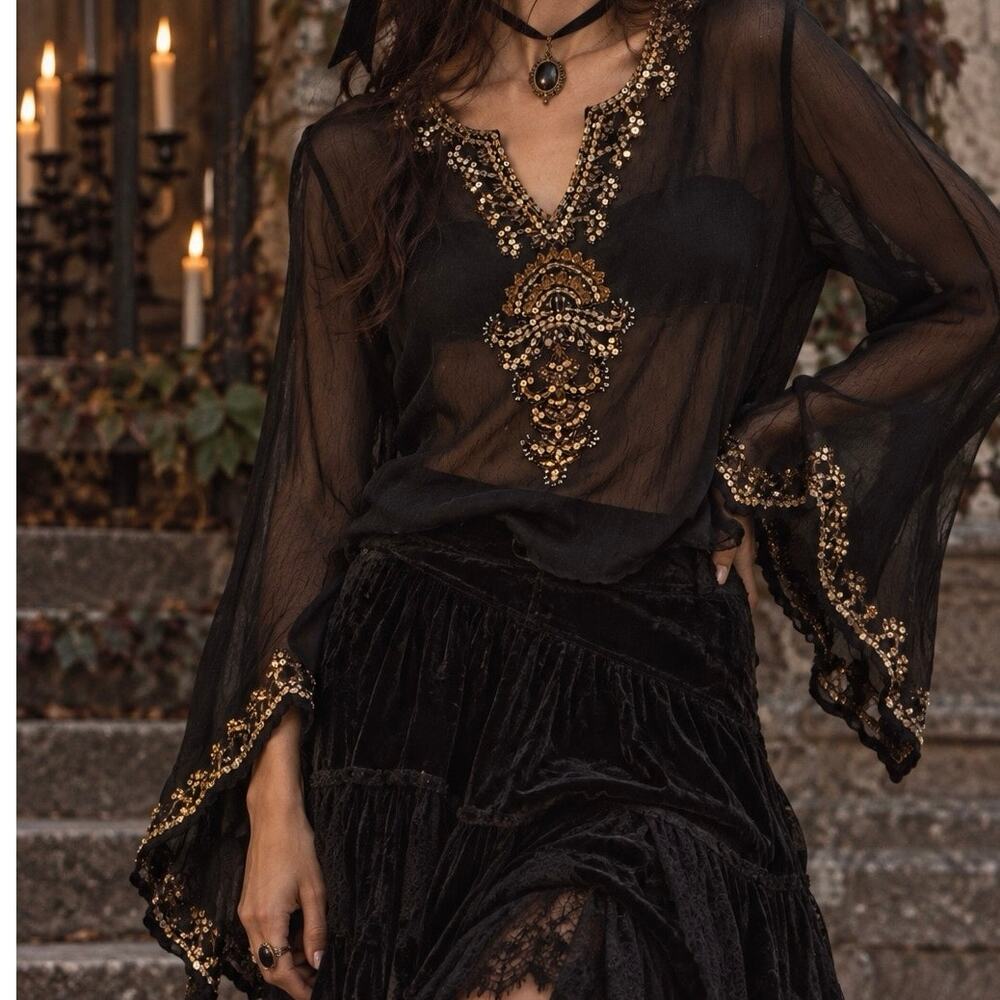 Vintage Y2K Silk Land Sheer Black Pure Silk Blouse Size Large Fairy Whimsical